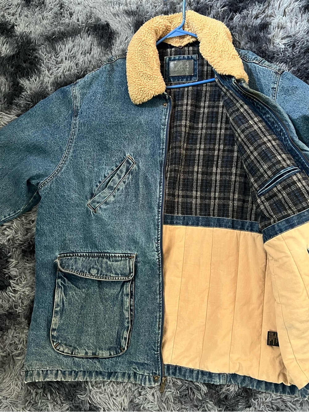Vintage Lee Blue Denim Bomber Jacket with Tan Sherpa Collar